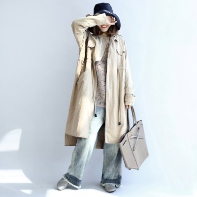 autumn beige cotton trench coat tie waist loose pockets lapel  parka