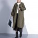 fine army green coat plus size stand collar long coat New Cinched baggy trench coat